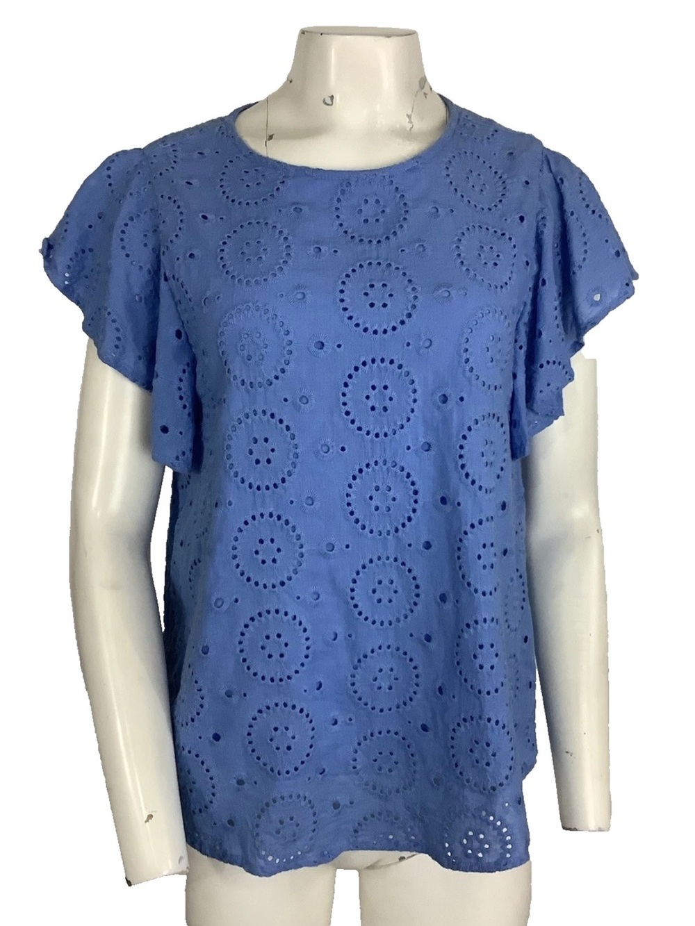 Ces Femme Sz M 100% Cotton Eyelet Flutter Sleeve Lined Blouse Blue Casual